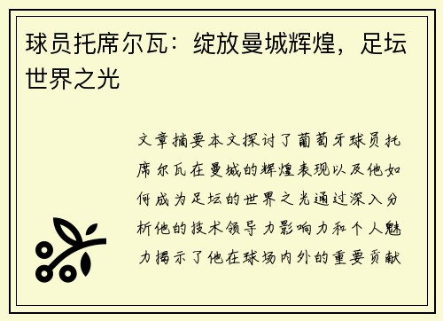 球员托席尔瓦：绽放曼城辉煌，足坛世界之光