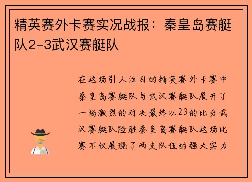 精英赛外卡赛实况战报：秦皇岛赛艇队2-3武汉赛艇队